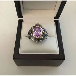 3Ct. 2-Tone Bead Bezel Set Oval Amethyst Ornate Ring Sz 10